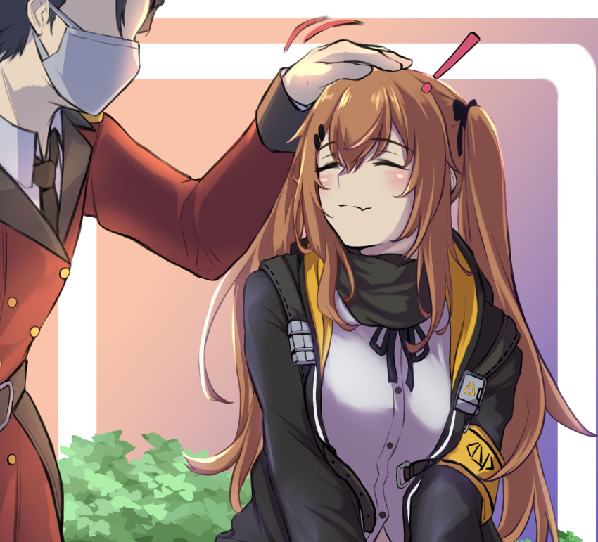 ! 1boy 1girl 3_small_spiders bangs black_jacket black_scarf blush brown_hair closed_eyes closed_mouth commander eyebrows_visible_through_hair girls'_frontline hair_between_eyes hair_ribbon headpat highres jacket long_hair long_sleeves mask military military_uniform mouth_mask open_clothes open_jacket ribbon scarf shirt solo_focus surgical_mask twintails ump9_(girls'_frontline) uniform white_shirt
