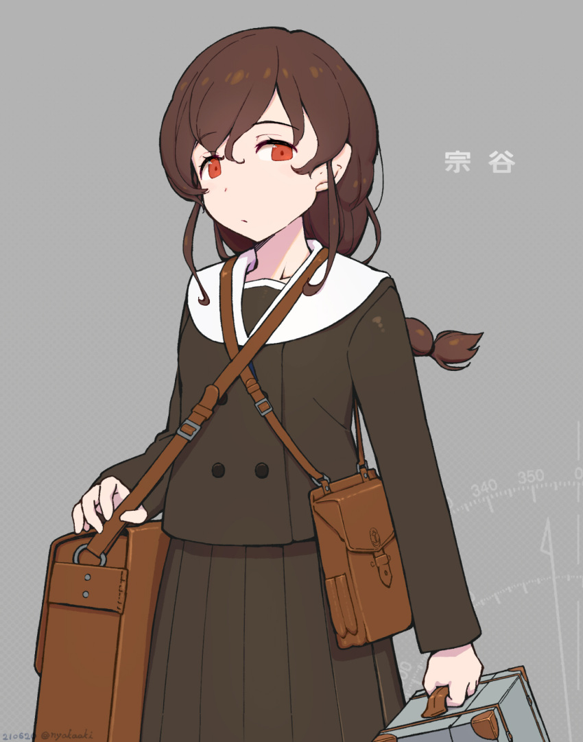 1girl bag braid brown_hair brown_serafuku brown_shirt brown_skirt cowboy_shot highres kantai_collection long_hair looking_at_viewer messenger_bag nakaaki_masashi orange_eyes sailor_collar sailor_shirt school_uniform serafuku shirt shoulder_bag single_braid skirt solo souya_(kancolle) suitcase white_sailor_collar