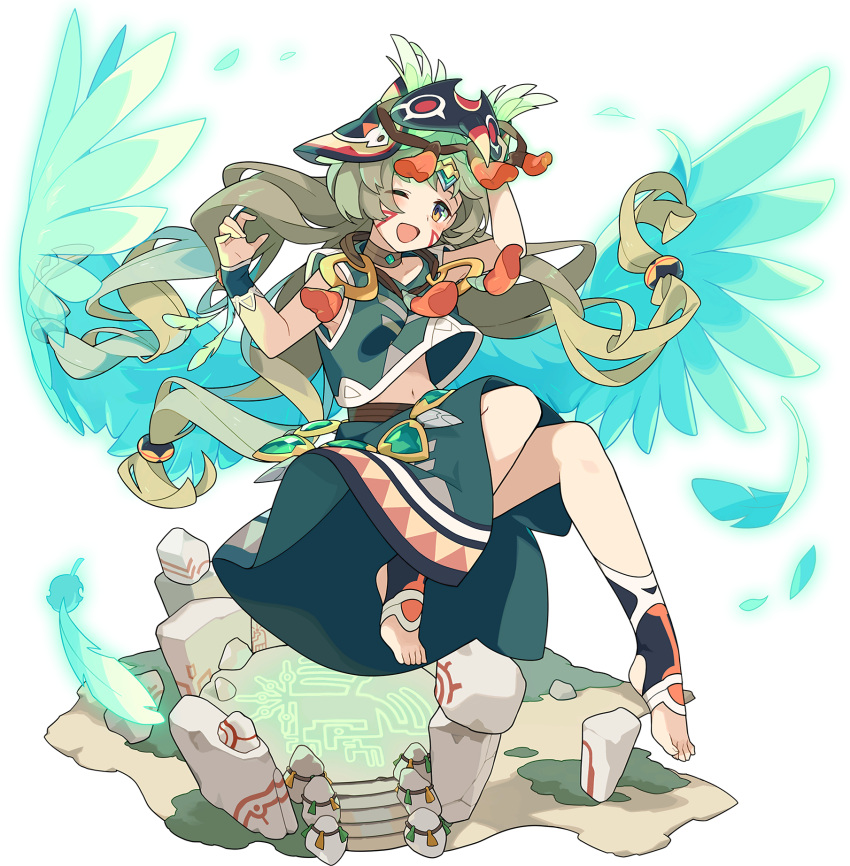 1girl aqua_shirt aqua_skirt aqua_wings arm_up artist_request bangs belt blush breasts brown_choker brown_hair choker collarbone crop_top crop_top_overhang day emerald_(gemstone) facepaint facial_mark feather_hair_ornament feathered_wings feathers feet floating full_body gem glowing hair_ornament hand_up happy highres holding holding_mask jewelry knees_together_feet_apart long_hair looking_at_viewer mask mask_on_head midriff moss multicolored multicolored_clothes multicolored_legwear navel necklace non-web_source official_art one_eye_closed open_mouth orange_eyes outdoors quad_tails rock runes shirt shiue_(world_flipper) side_slit sidelocks skirt sleeveless sleeveless_shirt small_breasts smile socks solo stirrup_legwear stomach tassel tied_hair toeless_legwear transparent transparent_background very_long_hair wings world_flipper wristband