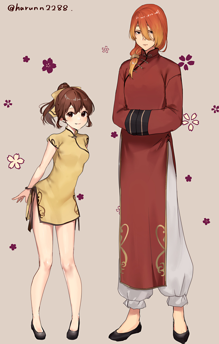 bangs brother_and_sister brown_eyes brown_hair china_dress chinese_clothes closed_mouth delthea_(fire_emblem) dress fire_emblem fire_emblem_echoes:_shadows_of_valentia full_body hair_ribbon haru_(nakajou-28) highres long_hair long_sleeves looking_at_viewer luthier_(fire_emblem) orange_hair ponytail ribbon short_sleeves siblings