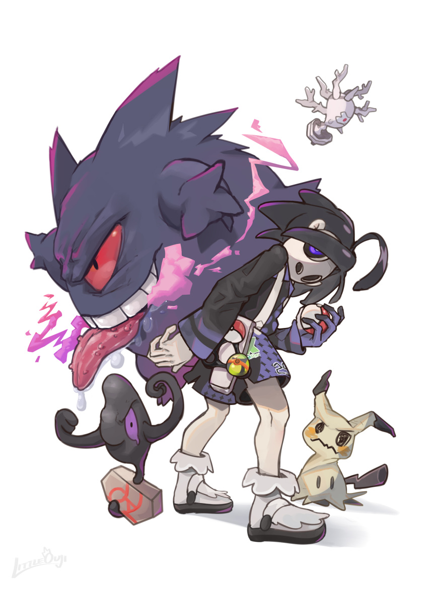 1boy absurdres ahoge allister_(pokemon) black_hair collared_shirt commentary cursola galarian_form galarian_yamask gen_1_pokemon gen_7_pokemon gen_8_pokemon gengar gloves grey_footwear gym_leader highres holding holding_poke_ball hunched_over knees little_ouji long_sleeves looking_at_viewer looking_to_the_side male_focus mask mimikyu number partially_fingerless_gloves poke_ball poke_ball_(basic) pokemon pokemon_(creature) pokemon_(game) pokemon_swsh purple_eyes saliva shirt shoes short_hair shorts single_glove standing suspender_shorts suspenders tongue tongue_out white_background