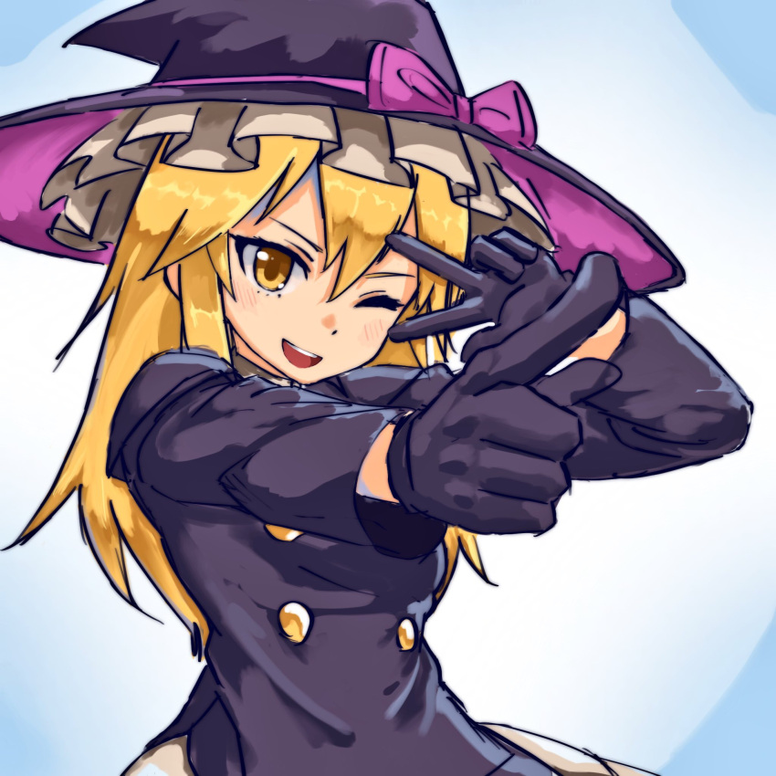 1girl bangs black_gloves black_headwear black_jacket blonde_hair blue_background bow commentary_request cookie_(touhou) gloves hair_between_eyes hat hat_bow highres jacket kirisame_marisa long_hair looking_at_viewer nob1109 one_eye_closed open_mouth pointing pointing_forward purple_bow rei_(cookie) solo touhou upper_body v v_over_eye what yellow_eyes