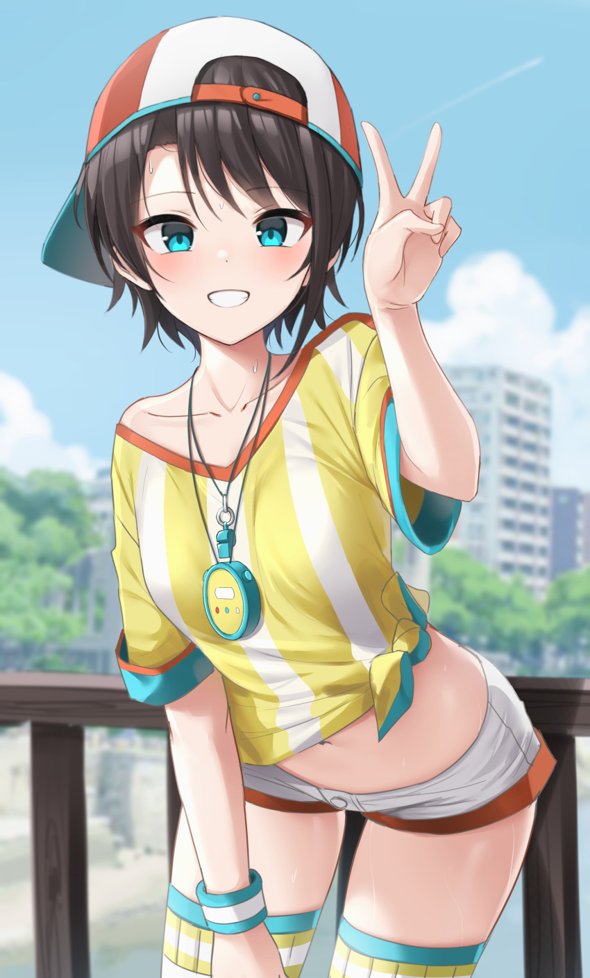 1girl absurdres aqua_eyes backwards_hat baseball_cap brown_hair collarbone grin hat highres hololive looking_at_viewer loose_clothes loose_shirt navel oozora_subaru red_headwear shengtian shirt short_hair shorts smile solo stopwatch striped striped_shirt sweatband teeth thighhighs tied_shirt two-tone_headwear v vertical-striped_shirt vertical_stripes virtual_youtuber watch white_headwear white_shirt white_shorts yellow_shirt