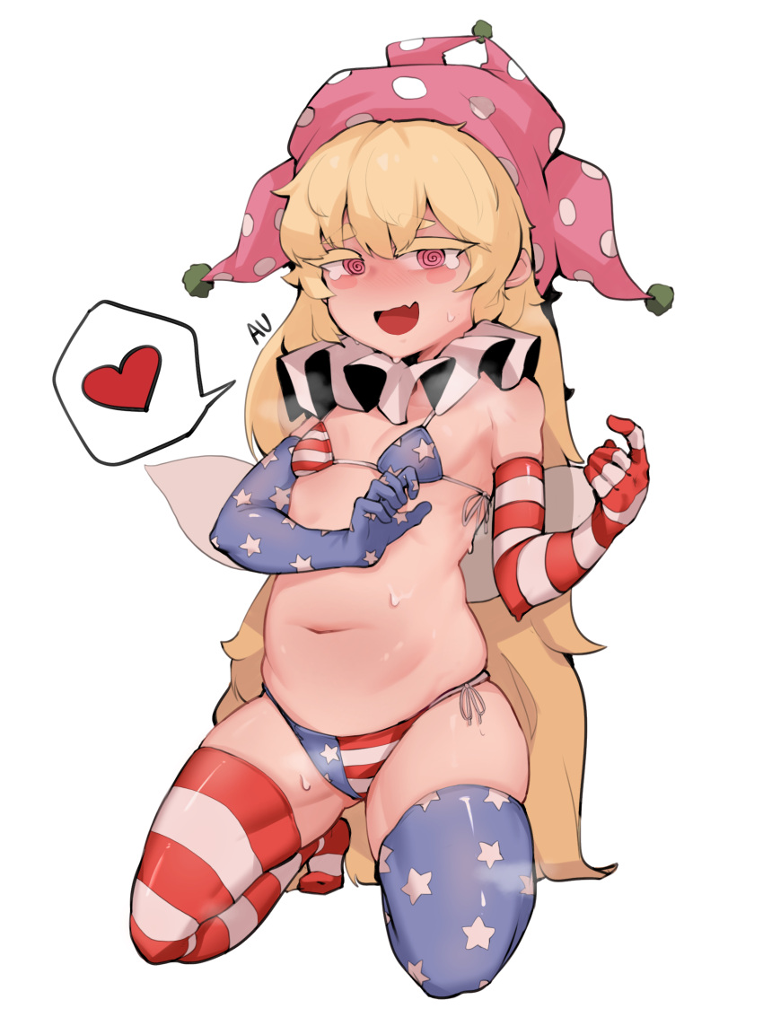 1girl absurdres alternate_legwear american_flag_bikini american_flag_legwear bikini blonde_hair blue_gloves clownpiece doro_au elbow_gloves fairy_wings flag_print gloves hat heart heavy_breathing highres jester_cap long_hair looking_at_viewer micro_bikini navel neck_ruff pink_eyes pink_headwear polka_dot red_gloves side-tie_bikini simple_background smile solo spoken_heart star_(symbol) star_print stomach striped sweat swimsuit thighhighs touhou very_long_hair white_background wings