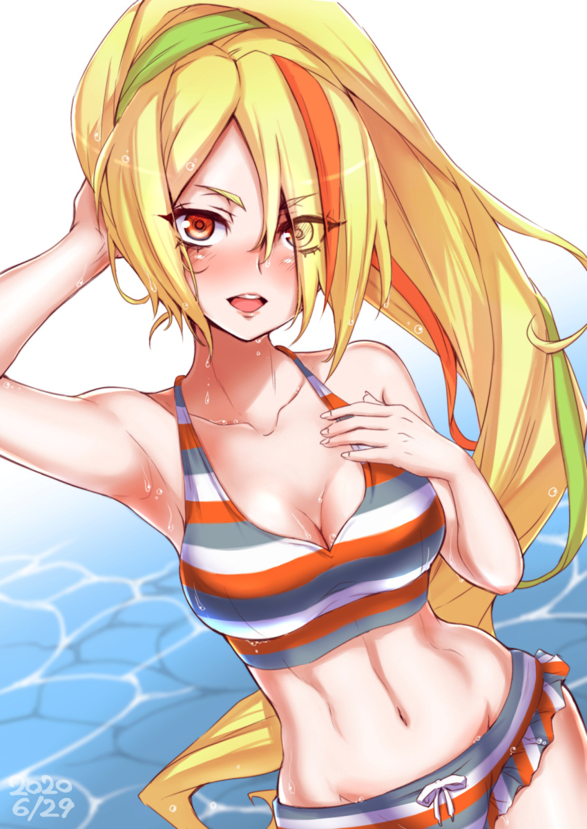 1girl 2020 arm_behind_head armpits bikini blonde_hair blush breasts cleavage commentary dated green_hair groin hair_over_one_eye hand_on_own_chest head_tilt highres long_hair looking_at_viewer medium_breasts multicolored_hair navel nikaidou_saki open_mouth orange_hair ponytail solo striped striped_swimsuit sumiosmith swimsuit teeth water wet yellow_4 yellow_eyes zombie_land_saga