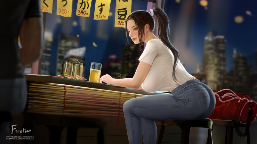 1girl alcohol artist_name bag blush breasts brown_eyes building casual cup denim drinking_glass duffel_bag fatal_fury firolian hair_tie high_ponytail highres jeans large_breasts leaning_forward looking_at_another night night_sky pants parted_lips ponytail restaurant shiranui_mai shirt short_sleeves sidelocks sign sitting sky skyscraper standing the_king_of_fighters white_shirt