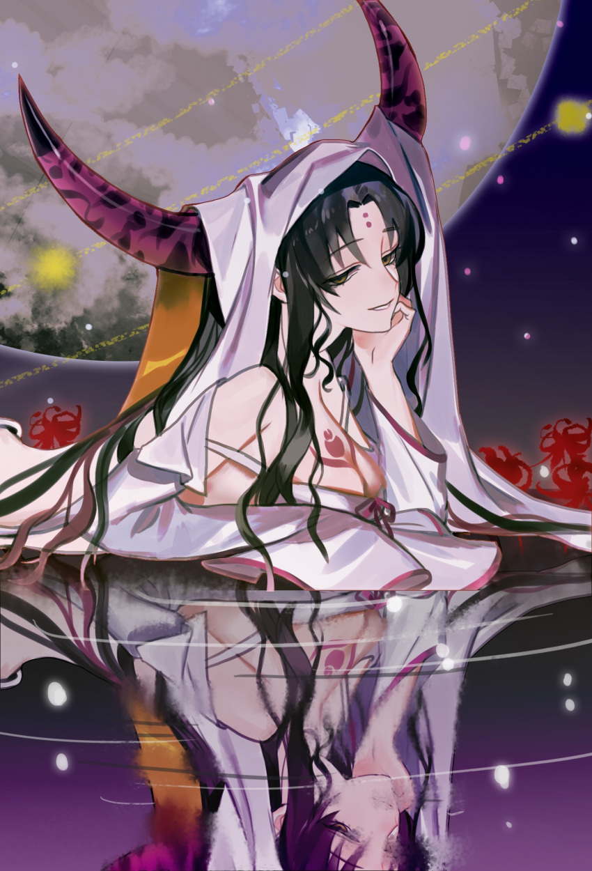 black_hair board_game breasts demon_girl demon_horns evil_smile fate/grand_order fate_(series) flower go highres horns long_hair looking_down moon reflection revealing_clothes scupid sesshouin_kiara smile very_long_hair water yellow_eyes