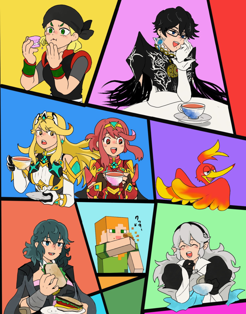 alex_(minecraft) arms_(game) bag bangs banjo-kazooie bayonetta bayonetta_(character) bayonetta_2 black_hair blonde_hair blue_eyes blue_hair bowl_cut breasts byleth_(fire_emblem) byleth_(fire_emblem)_(female) corrin_(fire_emblem) corrin_(fire_emblem)_(female) fire_emblem fire_emblem:_three_houses fire_emblem_fates food gem glasses hat headpiece highres kazooie_(banjo-kazooie) manakete min_min_(arms) minecraft mythra_(massive_melee)_(xenoblade) mythra_(xenoblade) pointy_ears pyra_(xenoblade) short_hair simple_background spirit_(super_smash_bros.) super_smash_bros. swept_bangs tiara xenoblade_chronicles_(series) xenoblade_chronicles_2 ya_tudoki15