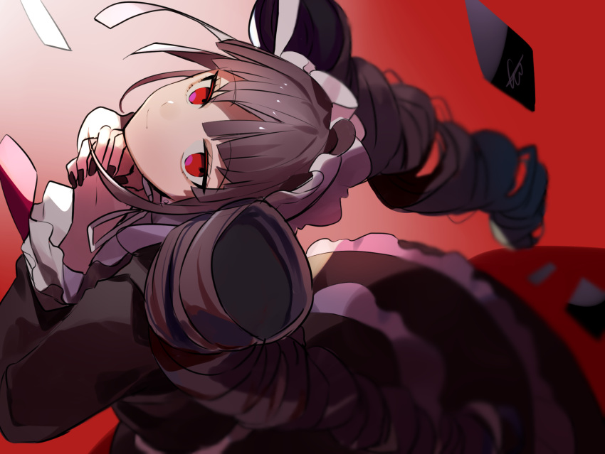 1girl bangs black_hair black_nails blurry blurry_foreground bonnet celestia_ludenberg danganronpa:_trigger_happy_havoc danganronpa_(series) depth_of_field drill_hair frilled_skirt frills gothic_lolita gradient gradient_background grey_background hands_up highres huyuharu0214 layered_skirt lolita_fashion long_hair long_sleeves looking_at_viewer necktie own_hands_together red_background red_eyes signature skirt smile solo symbol_commentary twin_drills twintails