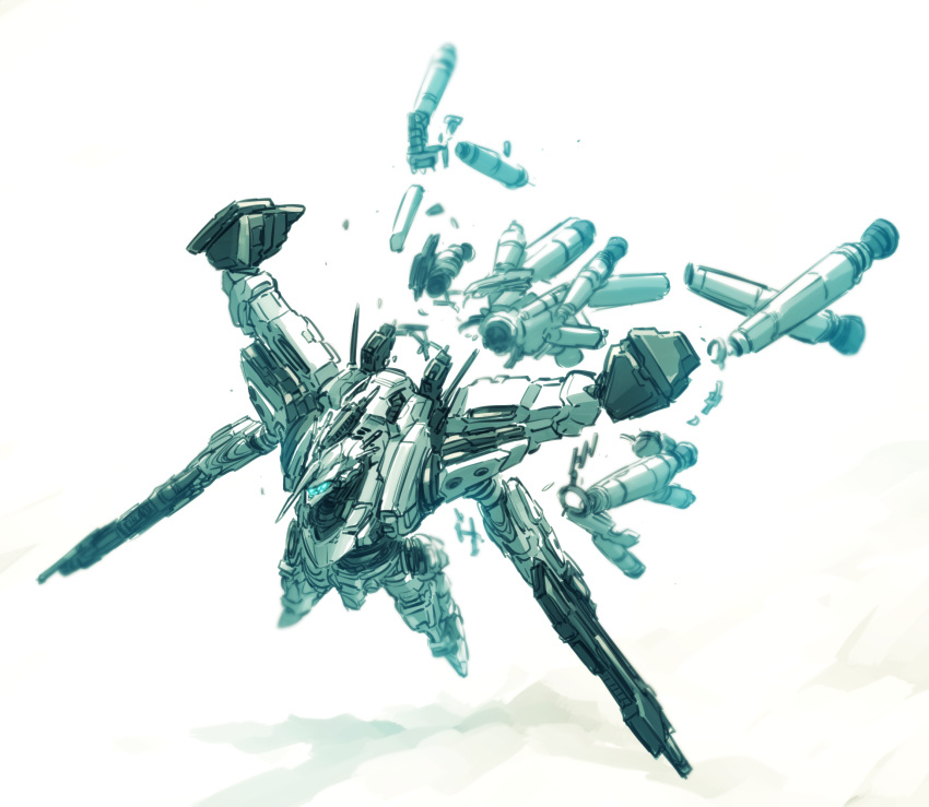 armored_core armored_core:_for_answer commentary_request dual_wielding full_body gun highres holding holding_gun holding_weapon ishiyumi mecha no_humans science_fiction vanguard_overed_boost weapon white_background white_glint