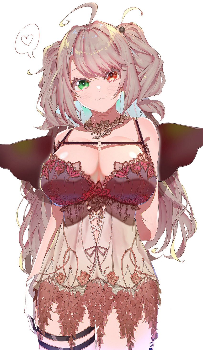 1girl :3 absurdres ahoge arm_behind_back bangs breasts cleavage curly_hair e_sky_rugo girls'_frontline gloves green_eyes grey_hair heart heterochromia highres large_breasts lingerie long_hair looking_at_viewer negligee red_eyes smile solo spoken_heart ssg3000_(girls'_frontline) thigh_gap thigh_strap two_side_up underwear white_gloves