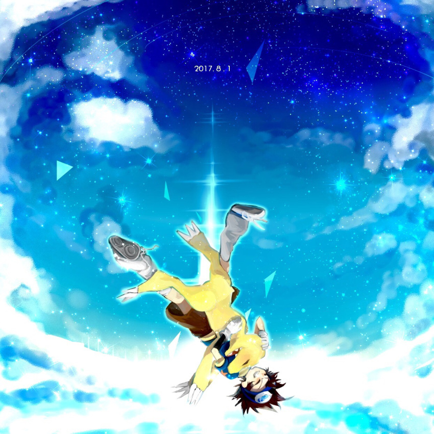 agumon bangs blue_shirt blue_theme brown_footwear brown_hair brown_shorts claws closed_eyes commentary_request dated day digimon digimon_(creature) digimon_adventure falling gloves goggles goggles_on_head happy hei_tai_(kyaputen1) highres open_mouth outdoors sharp_teeth shirt shoes shorts smile spiked_hair teeth white_gloves yagami_taichi