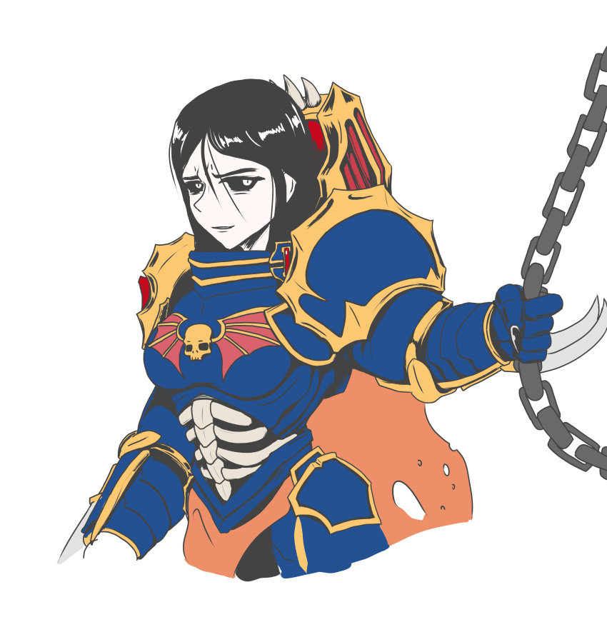 absurdres armor artist_request black_eyes black_hair black_sclera breasts chain colored_sclera genderswap genderswap_(mtf) highres imperium_of_man konrad long_hair medium_breasts pauldrons power_armor primarch short_hair shoulder_armor skull war_hammer warhammer_40k weapon