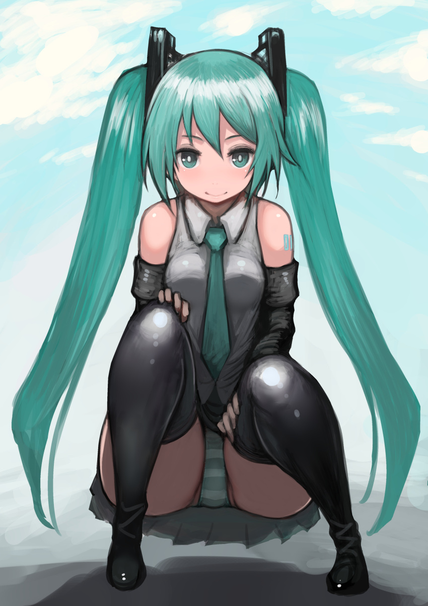 1girl absurdres aqua_eyes aqua_hair aqua_neckwear bangs bare_shoulders black_footwear blue_sky boots breasts bright_pupils closed_mouth cloud collared_shirt day detached_sleeves grey_shirt hair_between_eyes hand_on_own_knee hand_on_own_thigh hatsune_miku highres johan_(johan13) long_hair long_sleeves looking_at_viewer necktie number number_tattoo outdoors panties pantyshot pleated_skirt shirt shoulder_tattoo skirt sky sleeveless sleeveless_shirt small_breasts smile solo striped striped_panties tattoo thigh_boots thighhighs twintails underwear very_long_hair vocaloid white_pupils