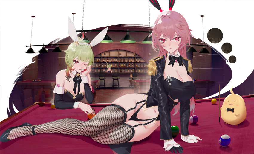 3girls animal_ears azur_lane ball bandeau bikini bird black_bikini black_footwear black_jacket bow bowtie breasts brown_legwear bunny_ears chick cirilla cleavage detached_collar detached_sleeves duca_degli_abruzzi_(azur_lane) fake_animal_ears fishnet_legwear fishnets framed_breasts garter_straps giuseppe_garibaldi_(azur_lane) gradient_hair green_hair hairband highleg highres jacket large_breasts long_hair long_sleeves looking_at_viewer manjuu_(azur_lane) multicolored_hair multiple_girls navel one_eye_closed pink_hair pool_ball pool_table red_eyes revision shoes sitting stomach swimsuit thighhighs thighs v-shaped_eyebrows yokozuwari