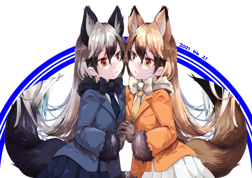 2girls animal_ears black_neckwear black_skirt blue_jacket blue_neckwear bow bowtie brown_hair extra_ears eyebrows_visible_through_hair ezo_red_fox_(kemono_friends) fox_ears fox_girl fox_tail fur_trim grey_hair highres holding_hands jacket kemono_friends long_hair long_sleeves multiple_girls nanana_(nanana_iz) necktie orange_eyes orange_jacket orange_neckwear pleated_skirt shirt silver_fox_(kemono_friends) silver_hair skirt tail white_neckwear white_shirt