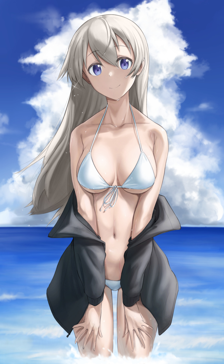 1girl absurdres bikini black_jacket blue_eyes blue_sky breasts cloud commission cowboy_shot day eila_ilmatar_juutilainen english_commentary fankupl front-tie_top hands_on_own_thighs highres horizon jacket long_hair looking_at_viewer medium_breasts navel ocean outdoors silver_hair sky solo standing strike_witches swimsuit white_bikini world_witches_series