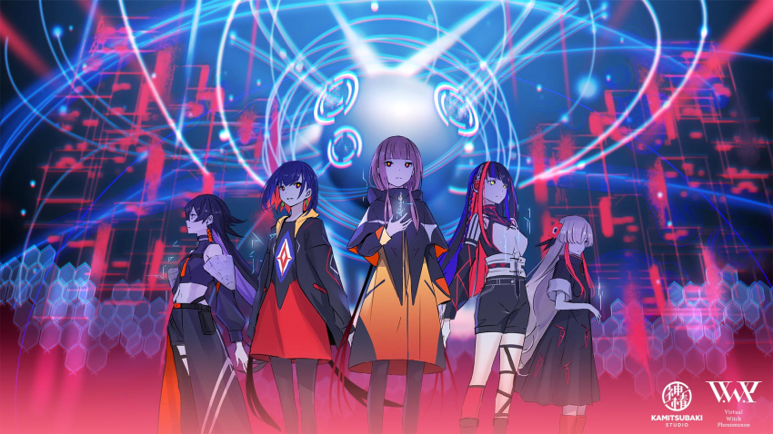 5girls asymmetrical_legwear blue_hair boots coat colored_inner_hair crop_top detached_sleeves earrings expressionless feet_out_of_frame glowing glowing_eyes hair_ornament harusaruhi hexagon highres hood hood_down hooded_jacket isekai_joucho jacket jewelry kaf_(kamitsubaki_studio) kamitsubaki_studio koko_(kamitsubaki_studio) light_trail long_hair multicolored multicolored_eyes multicolored_hair multiple_girls navel official_art open_clothes open_jacket palow pantyhose parted_lips red_footwear red_hair rim_(kamitsubaki_studio) science_fiction short_hair short_sleeves shorts sidelocks silver_hair twintails two-tone_hair virtual_youtuber