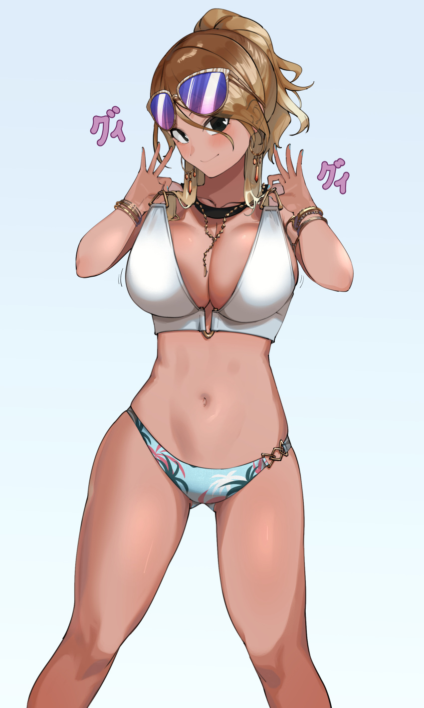 1girl absurdres bikini bikini_top blonde_hair bracelet choker eyewear_on_head gyaru highres holding holding_bikini_top idolmaster idolmaster_shiny_colors izumi_mei jewelry mikohachi navel necklace simple_background sunglasses swimsuit tan