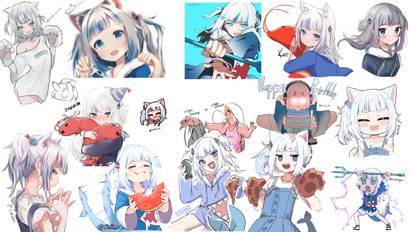 6+girls :3 =_= absurdres animal_ear_fluff animal_ears artist_name blue_background blue_dress blue_eyes blue_hair blue_nails blush blush_stickers cat_ears cat_paws chroneco closed_eyes collaboration collage collarbone commentary cropped_legs cropped_torso daiishori dokuro_deluxe dress dudul eating english_commentary extra_ears fingers_together fish_tail food food_on_head fruit gawr_gura glowing glowing_eyes grey_hair grey_sweater hair_cubes hair_ornament hands_up happy_birthday harutimu hat highres holding holding_food holding_pizza holding_stuffed_toy hololive hololive_english kemonomimi_mode klaius kukie-nyan looking_at_viewer lyrinne magic maru_ccy medium_hair meme monster_energy mr.holmes multicolored_hair multiple_girls multiple_views naked_shirt object_hug object_on_head oimo_0imo open_mouth party_hat paws pink_dress pizza polearm ponytail prawn purple_hair shark_hair_ornament shark_tail sharp_teeth shiina_rei shirt short_twintails sideways_glance streaked_hair stuffed_toy suspenders sweater tail tail_wagging teeth tian_nya trident tsukino_(nakajimaseiki) twintails twitter_username virgin_vs_chad watermelon weapon white_background white_footwear white_hair white_shirt