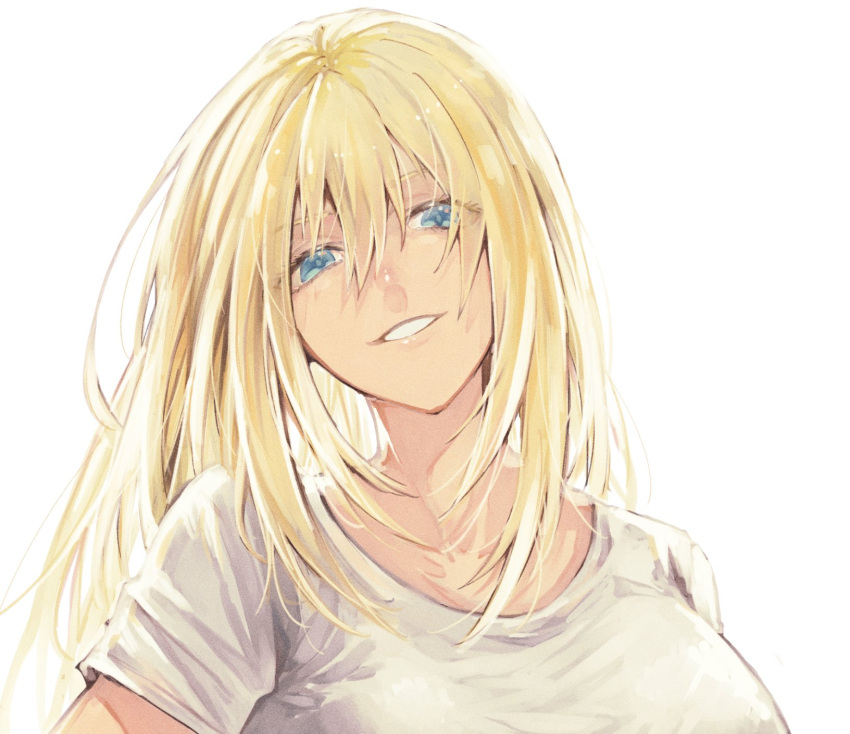 1girl alexandra_garcia bangs blonde_hair blue_eyes close-up collarbone eyebrows eyelashes grin hair_between_eyes head_tilt highres kaiak425 kuroko_no_basuke long_hair looking_at_viewer mature_female no_eyewear shirt short_sleeves simple_background smile solo teeth white_background white_shirt