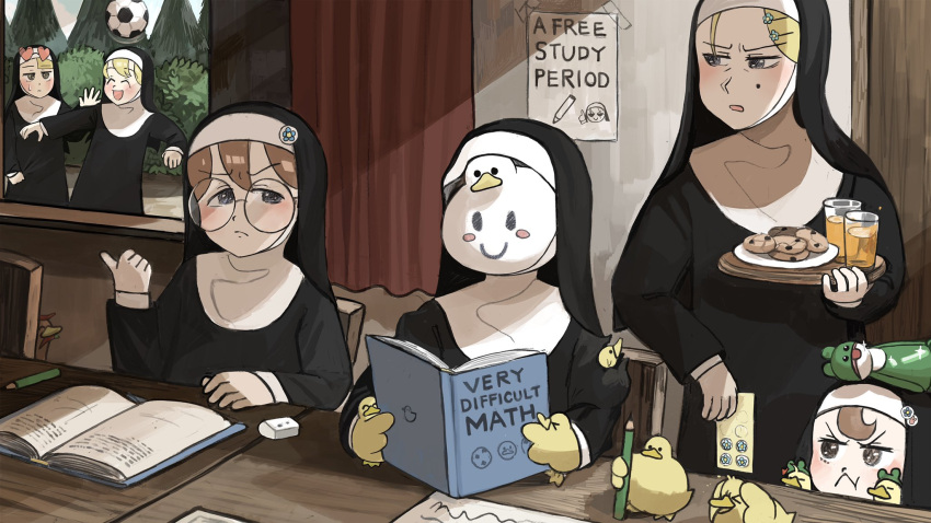 5girls animal_hood ball bird book catholic chicken chocolate_chip_cookie cookie disguise diva_(hyxpk) duck duckling eraser food frog_hood habit highres hood little_nun_(diva) multiple_girls nun orange_juice pencil plate pointing poster_(object) reading reflection soccer_ball sticker studying tray