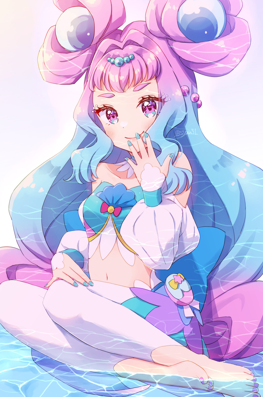 1girl absurdres back_bow blue_bow blue_eyes blue_hair blue_nails bow closed_mouth crop_top cure_la_mer double_bun fingernails hair_intakes heart heart_in_eye highres impossible_hair laura_(precure) layered_skirt long_hair looking_at_viewer magical_girl multicolored multicolored_eyes navel pantyhose precure purple_background purple_eyes purple_hair purple_nails shuu_(mniarnoakou) sitting skirt smile solo symbol_in_eye thick_eyebrows toeless_legwear toenails tropical-rouge!_precure water white_legwear white_sleeves yokozuwari