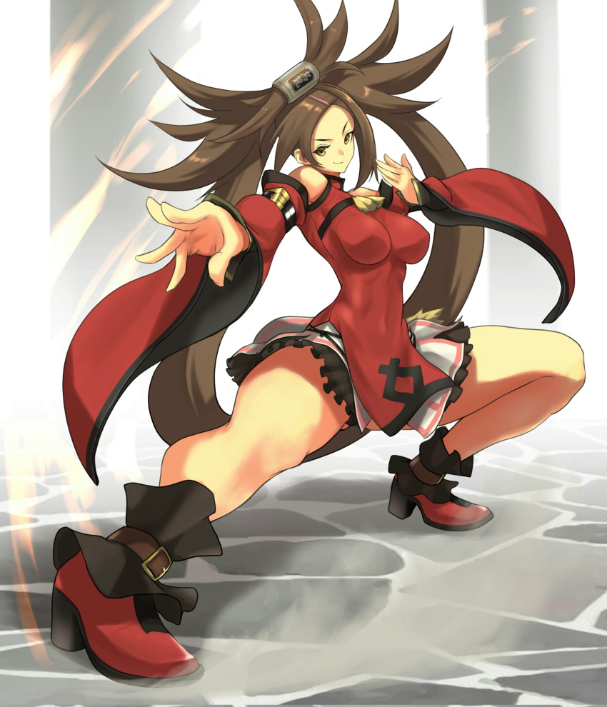 1girl absurdres anagumasan bare_legs bare_shoulders breasts brown_eyes brown_hair china_dress chinese_clothes covered_nipples dress fighting_stance guilty_gear guilty_gear_xrd high_heels highres large_breasts long_hair pose smile thick_thighs thighs wide_sleeves