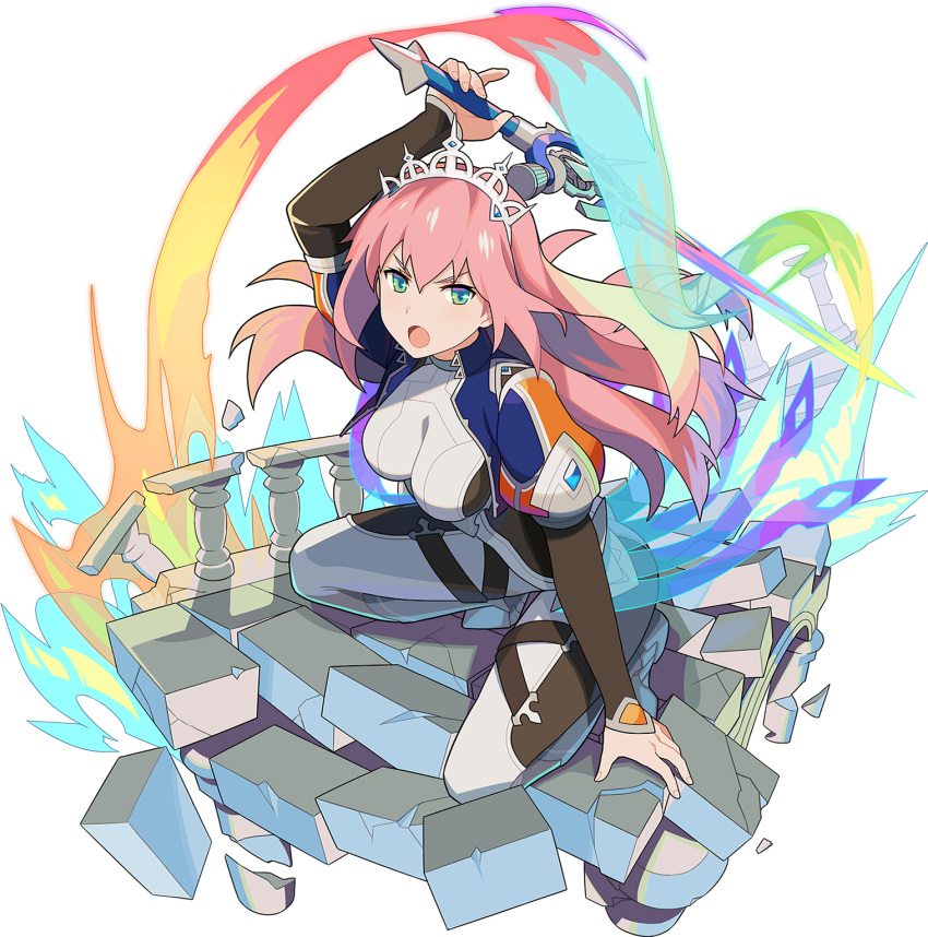 1girl arm_up armored_boots artist_request aura bangs blue_jacket blush bodysuit boots cropped_jacket crystal destruction ecrire_(world_flipper) full_body grey_footwear highres holding holding_sword holding_weapon indoors jacket knee_boots light_blush long_hair looking_at_viewer multicolored multicolored_bodysuit multicolored_clothes multicolored_eyes non-web_source official_art open_clothes open_jacket open_mouth pants pink_hair puffy_short_sleeves puffy_sleeves rainbow_eyes rainbow_gradient rubble sapphire_(gemstone) see-through shiny shiny_hair short_sleeves sidelocks skin_tight solo spread_legs squatting sword tiara transparent_background v-shaped_eyebrows weapon white_headwear white_pants world_flipper