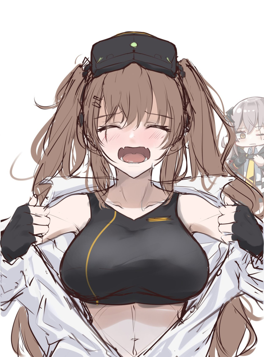 2girls bangs black_gloves blush breasts brown_hair closed_eyes closed_mouth fangs fingerless_gloves girls'_frontline gloves goggles goggles_on_head highres large_breasts long_hair mod3_(girls'_frontline) multiple_girls one_eye_closed open_mouth road757 scar scar_across_eye shirt simple_background sketch skin_fangs solo_focus sports_bra twintails ump45_(girls'_frontline) ump9_(girls'_frontline) upper_body white_background white_shirt