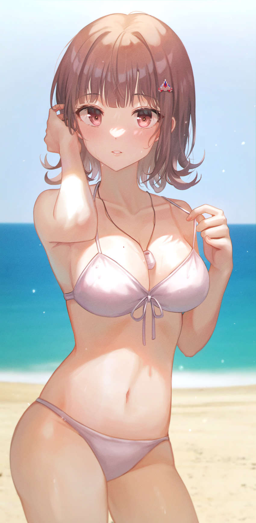 1girl absurdres adjusting_hair bangs bare_arms bare_shoulders beach bikini breasts brown_eyes brown_hair cleavage collarbone commentary_request contrapposto cowboy_shot danganronpa_(series) danganronpa_2:_goodbye_despair danganronpa_s:_ultimate_summer_camp day eyebrows_visible_through_hair foreshortening front-tie_bikini front-tie_top hair_ornament hair_tucking hairclip halter_top halterneck hand_in_hair hands_up highres holding_strap huge_filesize jewelry large_breasts looking_at_viewer medium_hair mole mole_on_breast nanami_chiaki navel necklace ocean official_alternate_costume outdoors parted_lips revision skindentation solo spaceship_hair_ornament stomach swimsuit teeth tokkyu water white_bikini