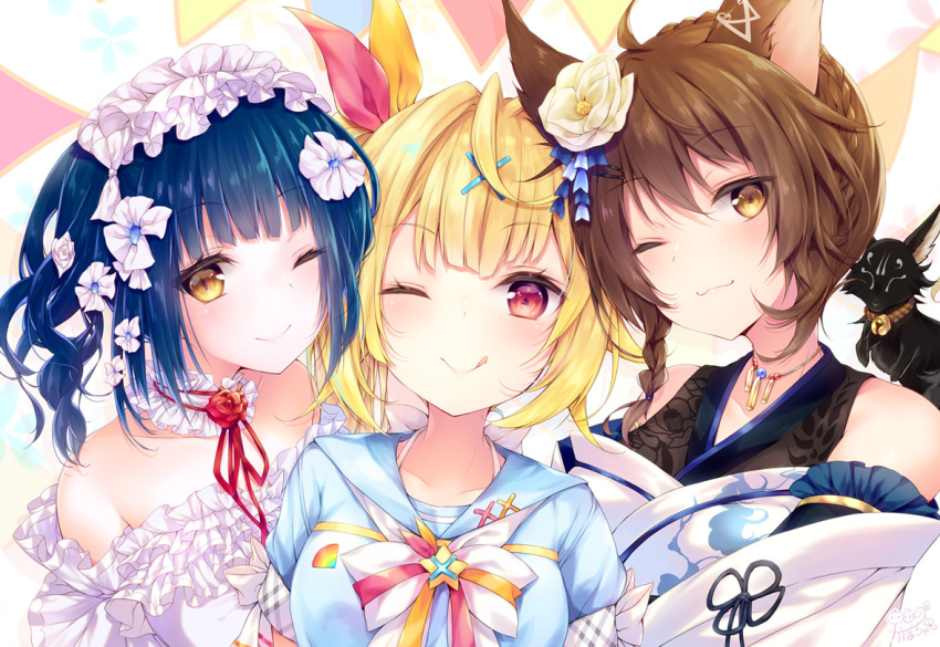 animal animal_ears blonde_hair blue_hair bow braids brown_eyes brown_hair cat_smile choker close fox foxgirl fumi_(nijisanji) headdress hoshikawa_sara japanese_clothes kabocha_usagi kimono necklace nijisanji ponytail red_eyes ribbons school_uniform short_hair twintails wink yamagami_karuta yellow_eyes