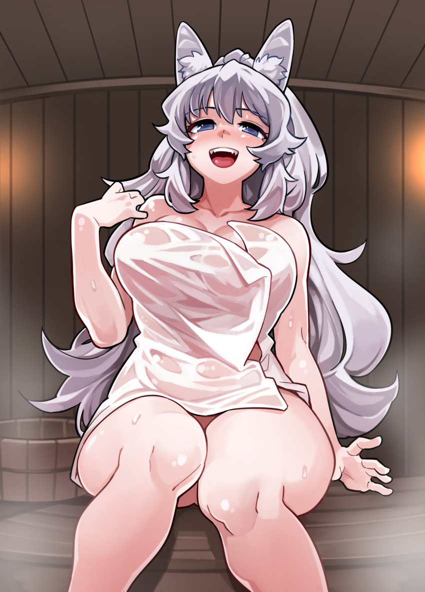 1girl absurdres animal_ear_fluff animal_ears blue_eyes blush breasts fangs fukumaaya highres indie_virtual_youtuber large_breasts long_hair looking_at_viewer lumi_(merryweather) one_side_up open_mouth sauna silver_hair smile solo sweat tail thighs towel virtual_youtuber wolf_ears wolf_girl wolf_tail