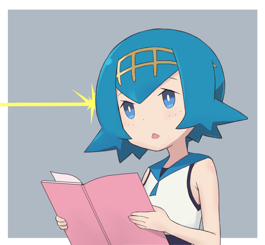 1girl bare_arms black_swimsuit blue_eyes blue_hair blue_sailor_collar book border bright_pupils commentary_request freckles grey_background hairband holding holding_book lana_(pokemon) no_sclera one-piece_swimsuit open_mouth outside_border pokemon pokemon_(game) pokemon_sm raised_eyebrows sailor_collar shirt short_hair sleeveless sleeveless_shirt solo squid_neetommy swimsuit swimsuit_under_clothes trial_captain white_border white_pupils white_shirt yellow_hairband