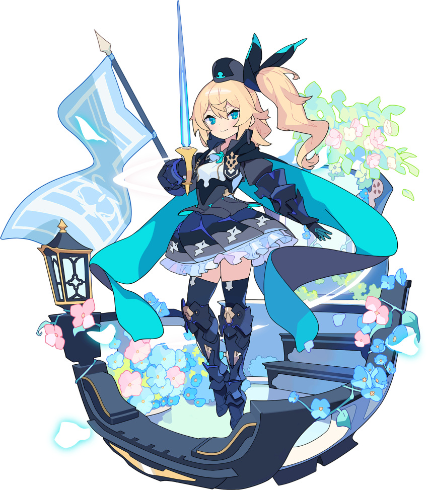 1girl armored_boots artist_request ascot black_cape black_footwear black_gloves black_headwear black_jacket black_legwear black_ribbon black_skirt blonde_hair blue_eyes blue_flower blue_neckwear blush boots breasts cape closed_mouth collared_jacket collared_shirt cropped_jacket flag flower frilled_skirt frills full_body gauntlets gloves hair_ribbon hand_up happy hat hat_removed headwear_removed highres holding holding_sword holding_weapon ivy jacket lantern light_blush long_hair looking_at_viewer miniskirt non-web_source official_art one_side_up outdoors petals pink_flower pleated_skirt puffy_sleeves ribbon shiny shiny_hair shirt silty_(world_flipper) skirt small_breasts smile solo stairs sword thighhighs tied_hair transparent_background two-sided_cape two-sided_fabric weapon white_shirt world_flipper zettai_ryouiki