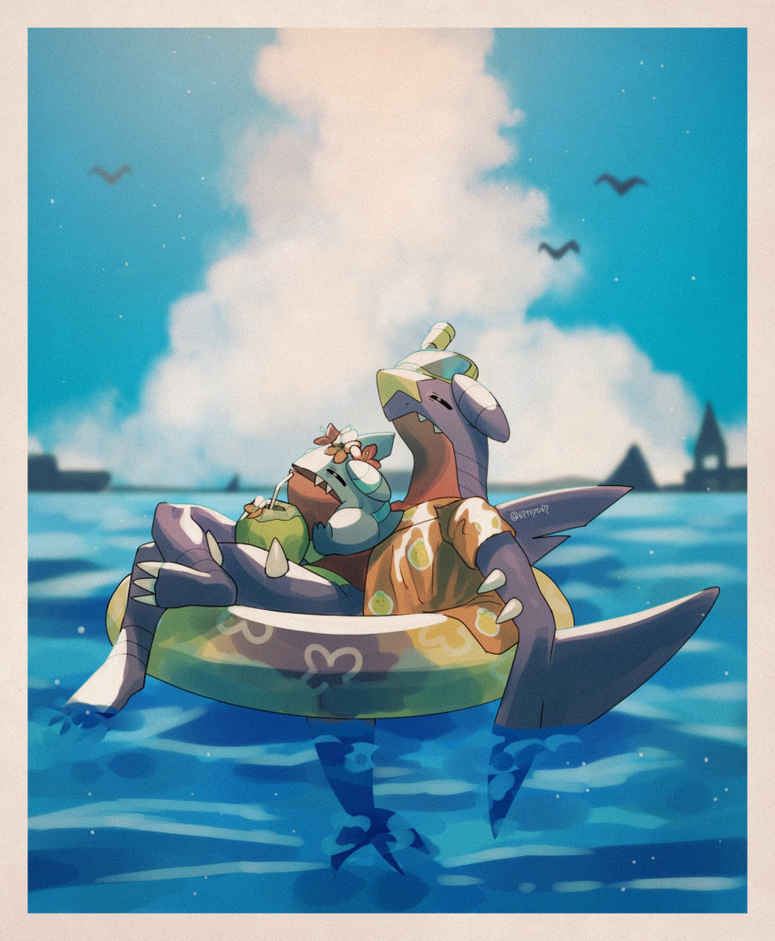 afloat bird border closed_eyes clothed_pokemon cloud commentary_request crossed_legs day drinking_straw fangs fangs_out film_grain flower garchomp gen_4_pokemon gible goggles goggles_on_head highres innertube no_humans orange_flower orange_shirt outdoors pokemon pokemon_(creature) relaxing shirt short_sleeves silhouette sky snorkel spikes water yukifuri_tsuyu