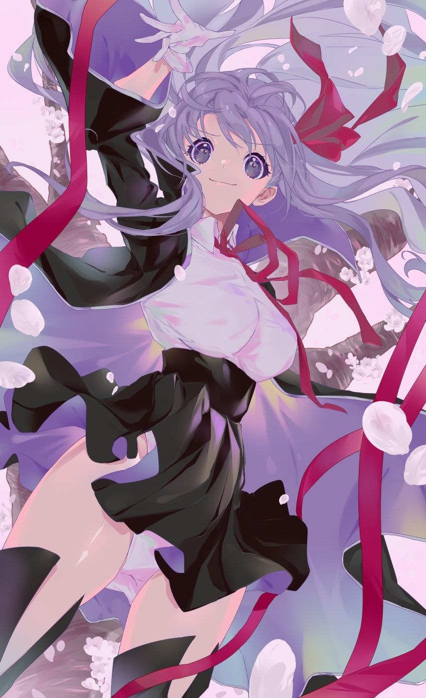 1girl absurdres bb_(fate) bb_(fate)_(all) black_jacket black_legwear black_skirt bow bowtie cherry_blossoms closed_mouth cowboy_shot cropped_jacket fate/extra fate/extra_ccc fate_(series) gloves hair_bow highres jacket legs_apart leotard long_hair looking_at_viewer petals purple_eyes purple_hair red_bow shipu_(gassyumaron) skirt smile solo standing thighhighs upskirt white_gloves white_leotard