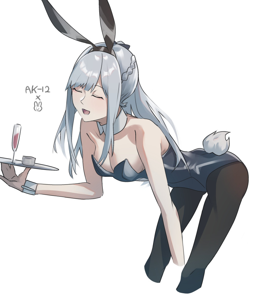 1girl absurdres ak-12_(girls'_frontline) animal_ears bangs bent_over black_legwear braid breasts bunny_ears closed_eyes cropped_legs detached_collar fake_animal_ears fuku00 girls'_frontline hairband highres holding holding_tray leotard long_hair medium_breasts open_mouth pantyhose playboy_bunny silver_hair simple_background solo tray white_background wrist_cuffs