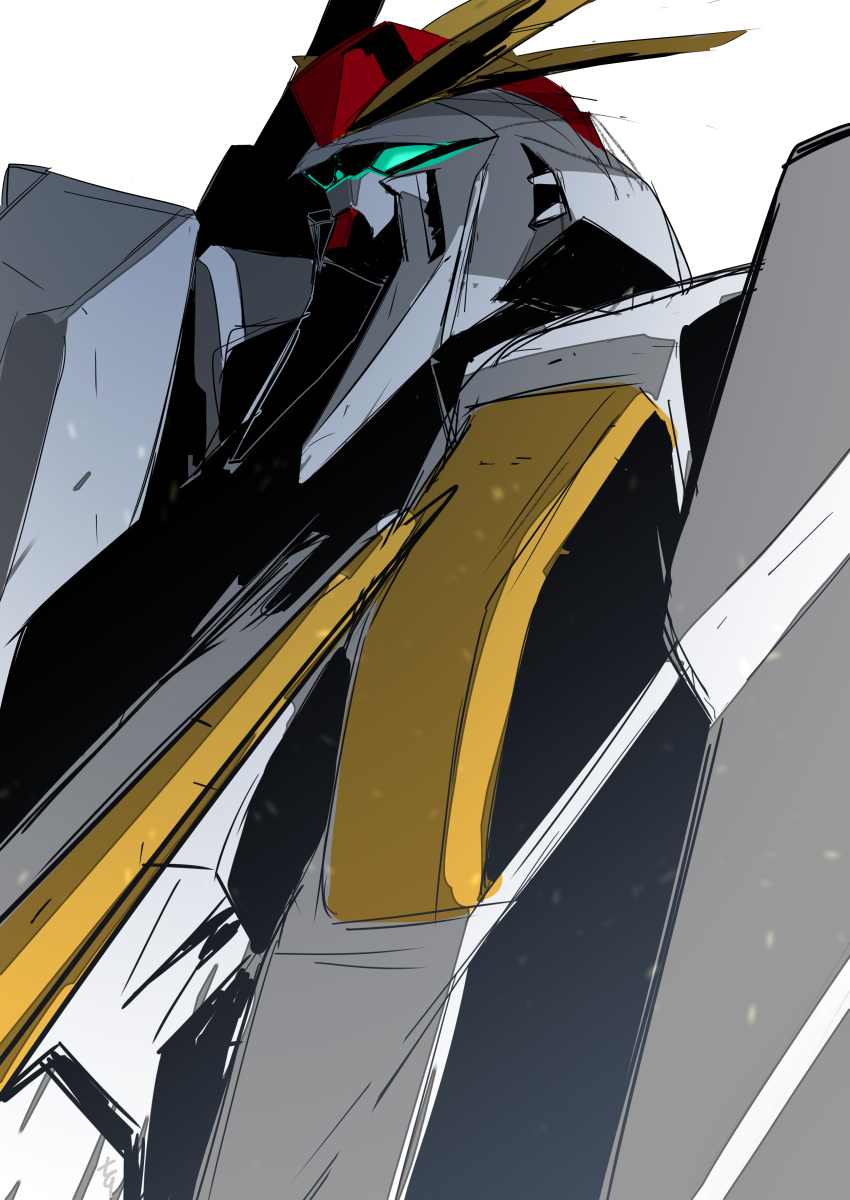 absurdres commentary_request glowing glowing_eyes green_eyes gundam gundam_hathaway's_flash highres looking_at_another mecha mobile_suit nana_g no_humans science_fiction solo upper_body v-fin white_background xi_gundam
