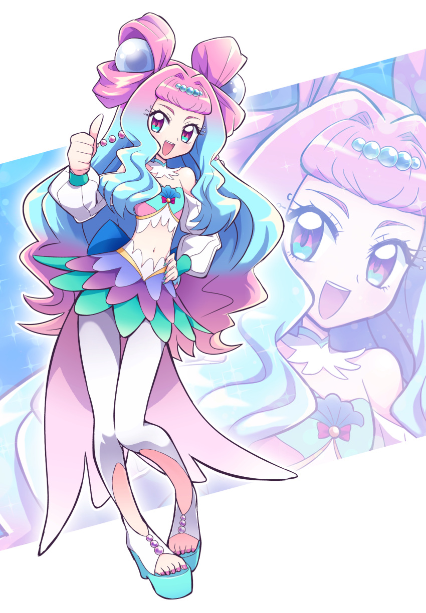 1girl :d blue_eyes blue_hair blue_nails crop_top cure_la_mer detached_collar detached_sleeves double_bun eyelashes fingernails full_body hair_intakes hair_ornament hand_on_hip heart heart_in_eye highres laura_(precure) layered_skirt legs_together long_hair looking_at_viewer magical_girl midriff multicolored multicolored_eyes multicolored_hair navel open_mouth pantyhose precure purple_eyes purple_hair purple_nails skirt smile solo standing symbol_in_eye thigh_gap thumbs_up toeless_legwear toenails tropical-rouge!_precure two-tone_hair usoco white_legwear white_sleeves zoom_layer