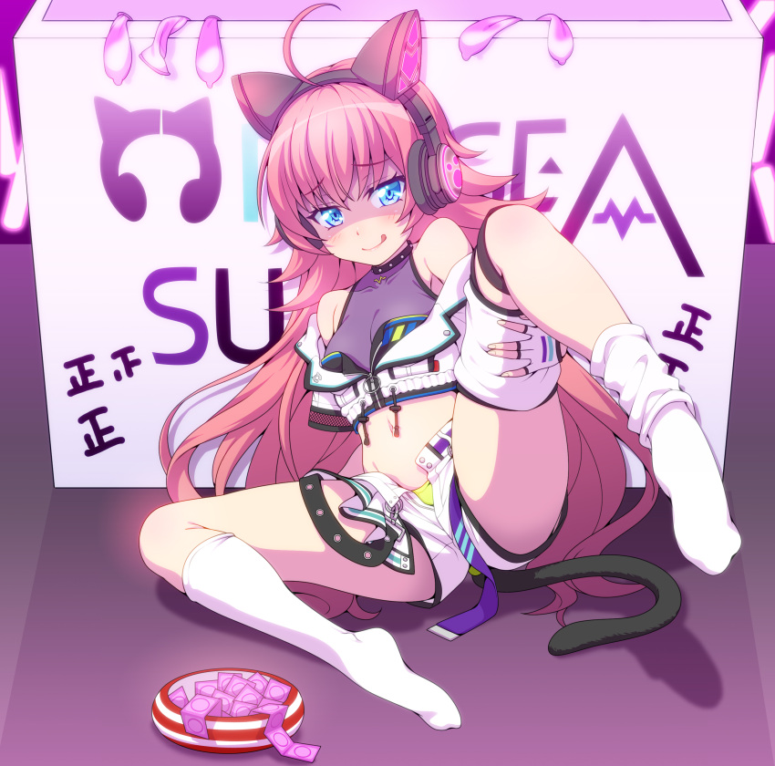 1girl :q absurdres ahoge bang_dream! bangs bare_shoulders black_collar blue_eyes blush bodystocking breasts cage_unlimited cat_ear_headphones cat_tail cleavage collar commentary_request condom covered_collarbone cropped_jacket cum dripping eyebrows_visible_through_hair full_body glowstick group_name hair_between_eyes headphones highres jacket kneehighs leg_up leg_warmers lifted_by_self long_hair looking_at_viewer midriff navel off_shoulder open_fly panties partially_unzipped red_hair shaded_face shadow short_shorts short_sleeves shorts sidelocks sitting small_breasts smile solo stomach tail tally tamade_chiyu tongue tongue_out underwear used_condom white_jacket white_legwear white_shorts yellow_panties