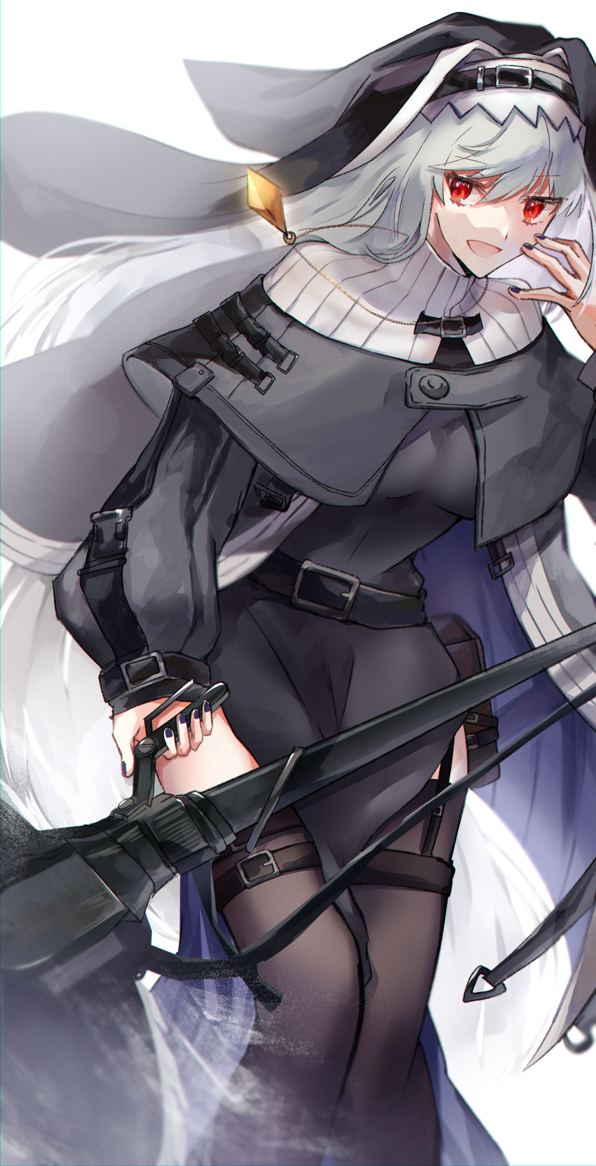 1girl :d absurdres amadzuka_midori arknights bangs belt black_belt black_dress black_headwear black_legwear breasts capelet circular_saw coat dress feet_out_of_frame garter_straps grey_capelet grey_hair habit hair_between_eyes hand_up highres holding holding_weapon huge_filesize jewelry long_hair looking_away looking_to_the_side nail_polish necklace nun off_shoulder open_clothes open_coat open_mouth pelvic_curtain pouch purple_nails red_eyes ribbed_sweater sideways_glance signature small_breasts smile specter_(arknights) sweater thighhighs turtleneck turtleneck_sweater weapon white_sweater