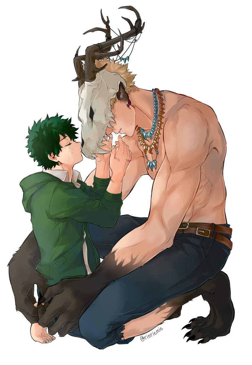 2boys absurdres antlers bakugou_katsuki bangs barefoot belt blue_pants boku_no_hero_academia brown_belt claws collared_shirt english_commentary freckles from_side green_hair green_hoodie highres hood hoodie jewelry kiss looking_down male_focus midoriya_izuku multiple_boys muscular muscular_male necklace open_clothes pants paws rin_(rinriemie) scar scar_on_hand shirt shirtless short_hair skull white_shirt yaoi