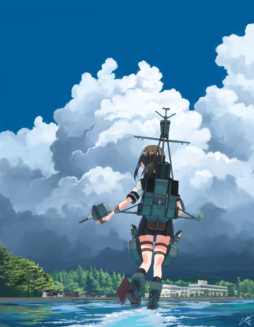 1girl absurdres blue_sky brown_hair cannon cloud cloudy_sky day from_behind fubuki_(kancolle) highres kantai_collection kneehighs machinery ocean outdoors pleated_skirt remodel_(kantai_collection) rigging rudder_footwear scenery school_uniform serafuku skirt sky smokestack solo standing standing_on_liquid torpedo torpedo_launcher torpedo_tubes turret utachy walking walking_on_liquid water