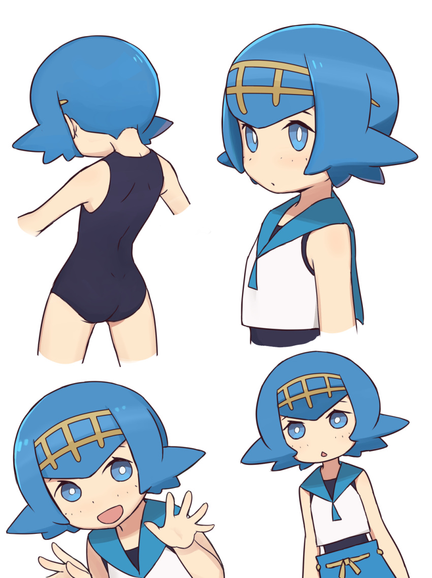 1girl :d :o arms_at_sides ass bangs bare_arms black_swimsuit blue_eyes blue_hair blue_pants blue_sailor_collar bright_pupils closed_mouth commentary_request freckles hairband hands_up highres lana_(pokemon) looking_at_viewer multiple_views no_sclera one-piece_swimsuit open_mouth pants pokemon pokemon_(game) pokemon_sm sailor_collar shirt short_hair simple_background sleeveless sleeveless_shirt smile squid_neetommy swimsuit swimsuit_under_clothes trial_captain wedgie white_background white_pupils white_shirt yellow_hairband