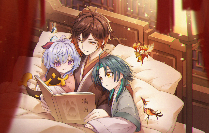 1girl 2boys ahoge animal bangs bed bird black_hair blanket blue_hair blurry blurry_foreground book brown_hair child chinese_clothes closed_mouth cloud_retainer_(genshin_impact) crane_(animal) curtains deer diamond-shaped_pupils diamond_(shape) english_commentary eyebrows_visible_through_hair eyeliner facial_mark father's_day forehead_mark ganyu_(genshin_impact) genshin_impact goat_horns gradient_hair green_hair hair_between_eyes highres holding holding_book horns light_particles long_hair long_sleeves makeup moon_carver_(genshin_impact) mountain_shaper_(genshin_impact) multicolored_hair multiple_boys open_book open_mouth orange_hair parted_bangs pillow purple_eyes rex_lapis_(genshin_impact) short_hair_with_long_locks slit_pupils smile stuffed_animal stuffed_toy symbol-shaped_pupils translation_request twitter_username two-tone_hair wide_sleeves xiao_(genshin_impact) yellow_eyes younger yue_yue1102 zhongli_(genshin_impact)