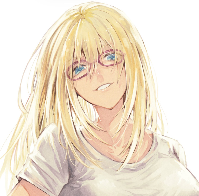 1girl alexandra_garcia bangs blonde_hair blue_eyes close-up collarbone eyebrows eyelashes glasses grin hair_between_eyes head_tilt highres kaiak425 kuroko_no_basuke long_hair looking_at_viewer mature_female red-framed_eyewear shirt short_sleeves simple_background smile solo teeth white_background white_shirt