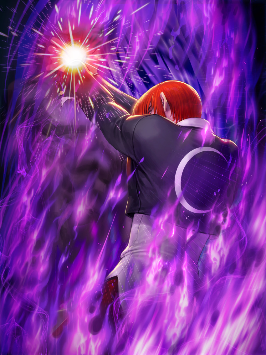 absurdres aura collar fighting_game fire flaming_hand glowing grabbing hand_on_another's_neck highres jacket male_focus moon_print multiple_boys neck_grab neck_lift official_art pants purple_fire pyrokinesis red_hair snk standing strangling the_king_of_fighters the_king_of_fighters_all-stars unbuttoned_sleeves yagami_iori