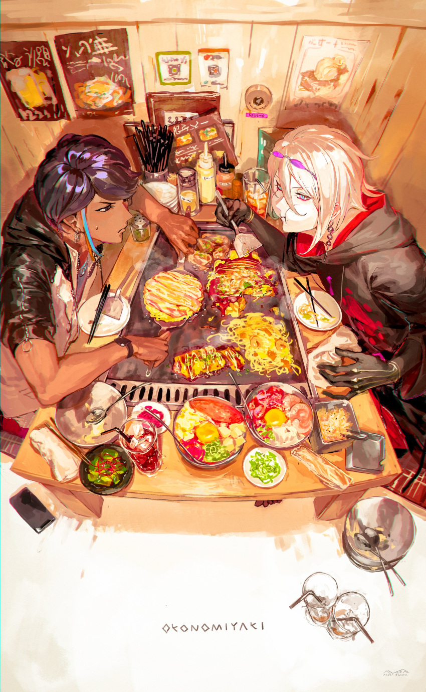 absurdres bendy_straw black_hair bowl character_request chopsticks copyright_request cup dark_skin drinking_straw eating egawa_akira food highres indoors noodles okonomiyaki poster_(object) restaurant romaji_text sauce spoon white_hair