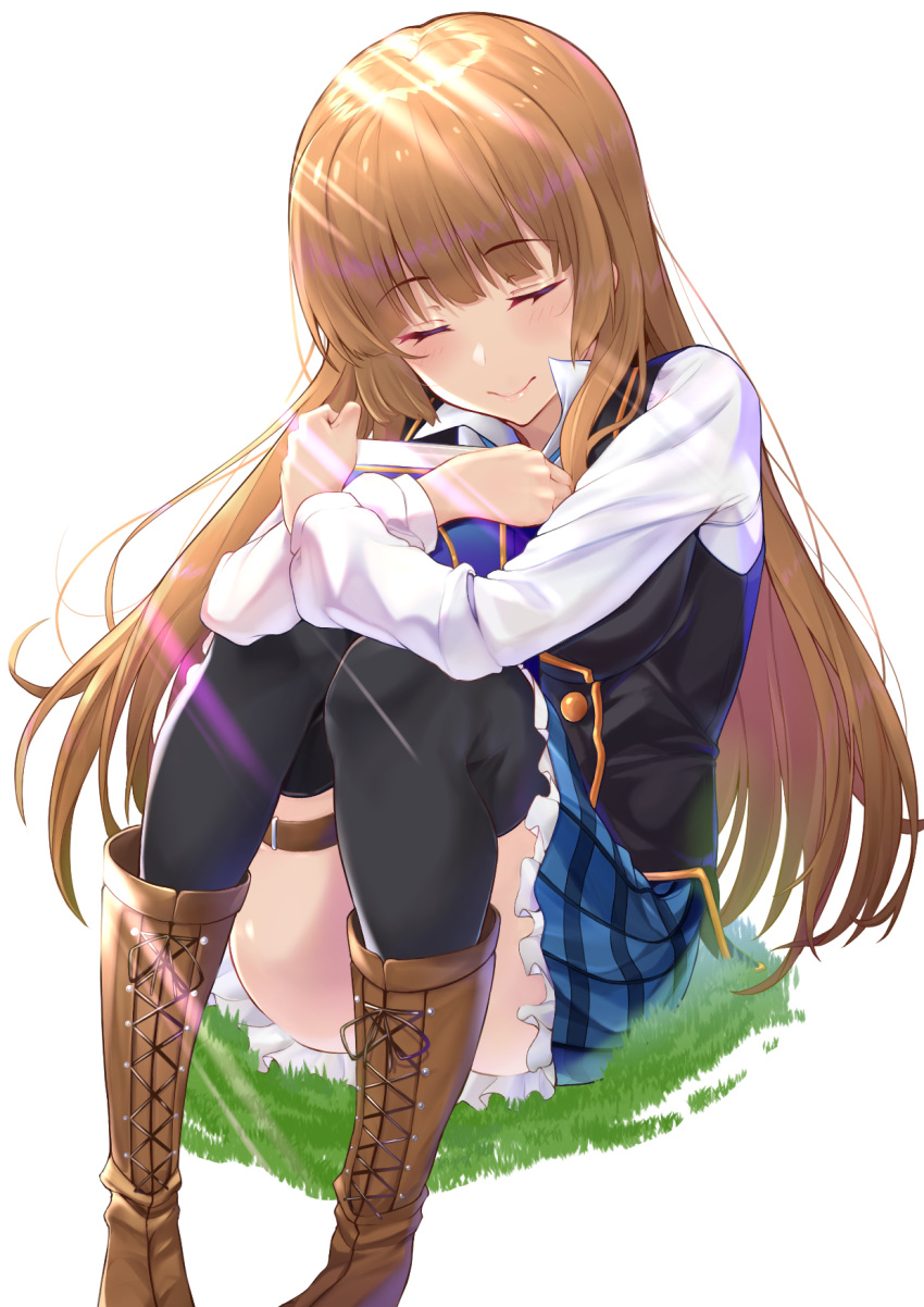 1girl anne_(shingeki_no_bahamut) black_legwear blush boots closed_eyes closed_mouth grass highres manaria_friends princess_connect! shimon_(31426784) shingeki_no_bahamut sitting skirt smile sunlight